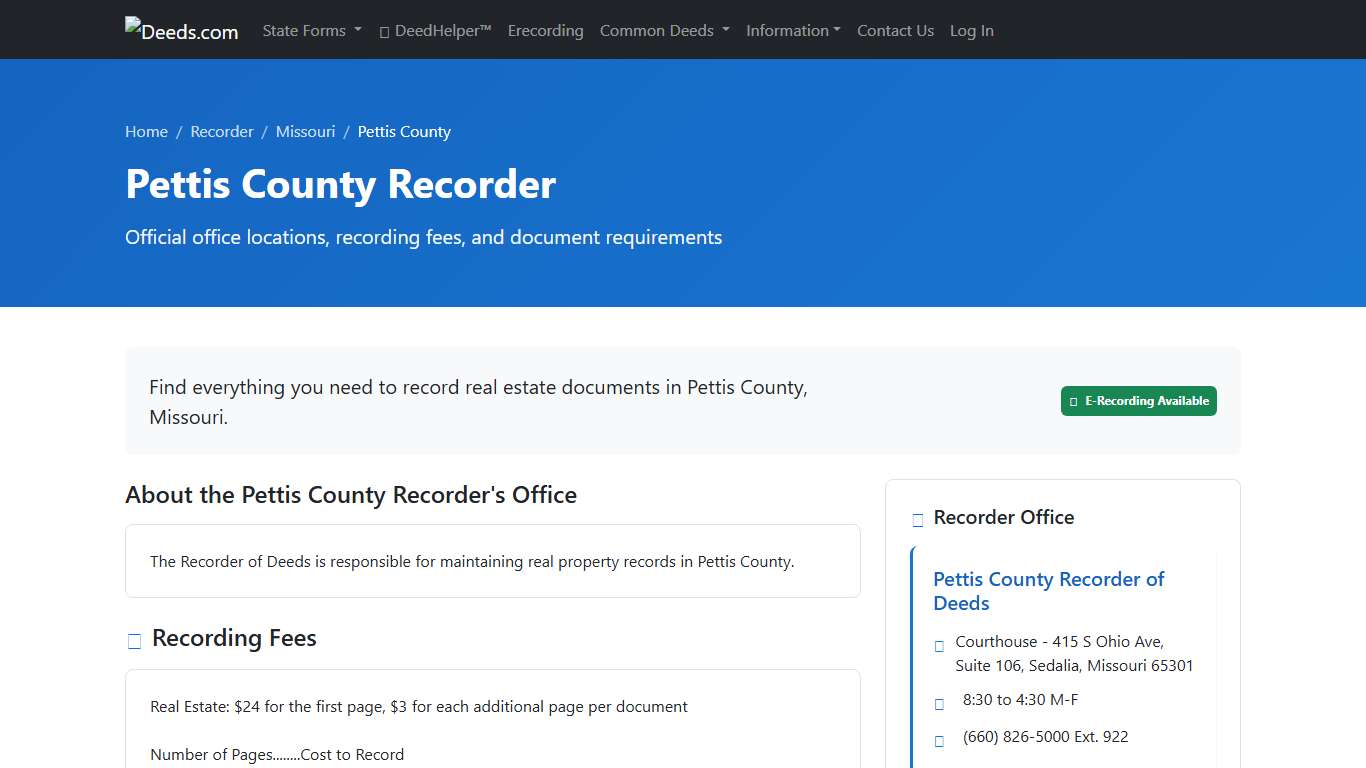 Pettis County Recorder Information, Missouri - Deeds.com
